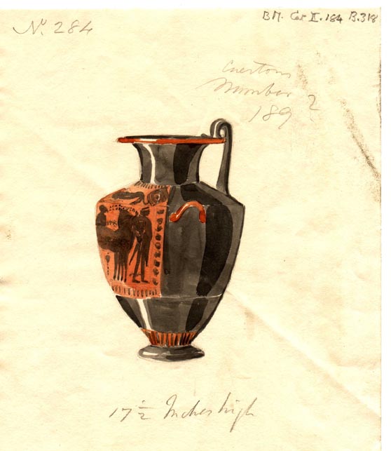 284, red and black one handled, pouring vase